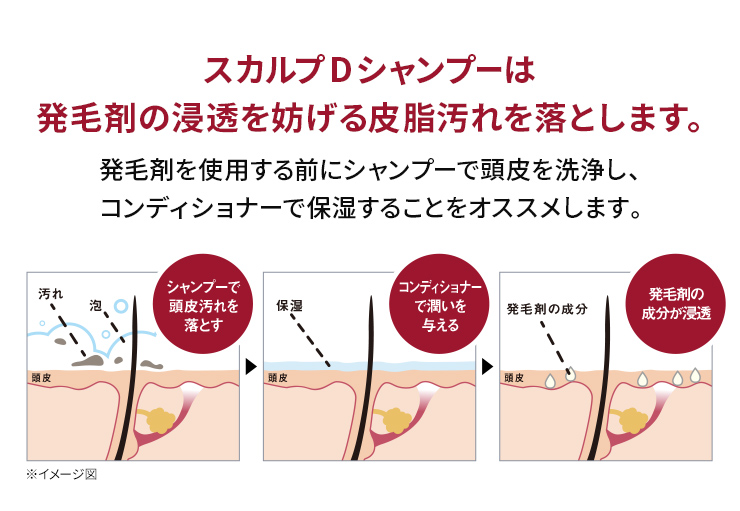 スカルプDシャンプーは発毛剤の浸透を妨げる皮脂汚れを落とします。発毛剤を使用する前にシャンプーで頭皮を洗浄し、コンディショナーで保湿することをオススメします。