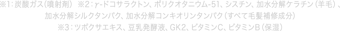※1：炭酸ガス（噴射剤） ※2：γ-ドコサラクトン、ポリクオタニウム-51、シスチン、加水分解ケラチン（羊毛）、加水分解シルクタンパク、加水分解コンキオリンタンパク（すべて毛髪補修成分）※3：ツボクサエキス、豆乳発酵液、GK2、ビタミンC、ビタミンB（保湿）