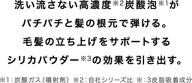 洗い流さない高濃度※2炭酸泡※1がパチパチと髪の根元で弾ける。毛髪の立ち上げをサポートするシリカパウダー※3の効果を引き出す。※1：炭酸ガス（噴射剤） ※2：自社シリーズ比 ※：3皮脂吸着成分