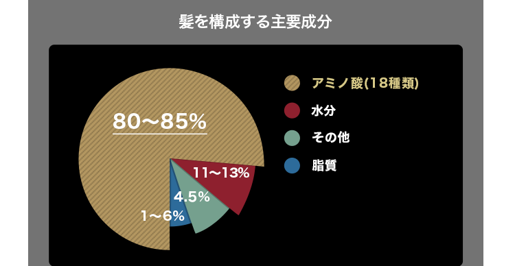 髪を構成する主要成分 アミノ酸(18種類)80?85% 水分11?13% その他4.5% 脂質1?6%
