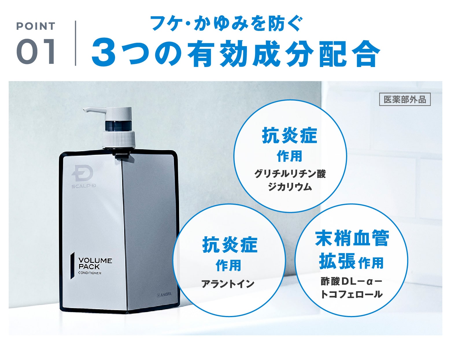 POINT 01 フケ・かゆみを防ぐ3つの有効成分配合